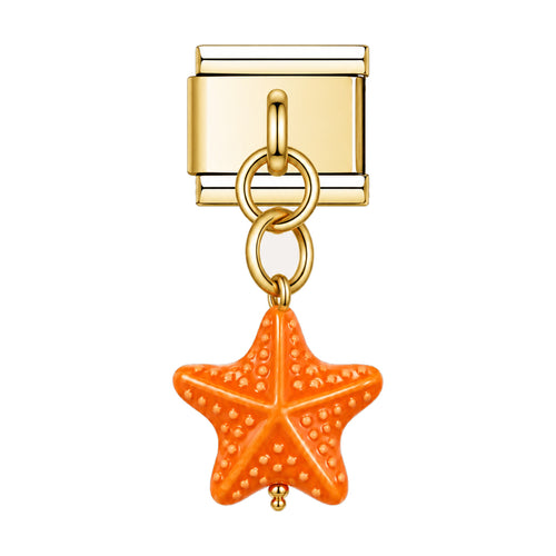 Pendentif étoile de mer en céramique émaillée orange suspendu sous un maillon doré, bracelet charm italien