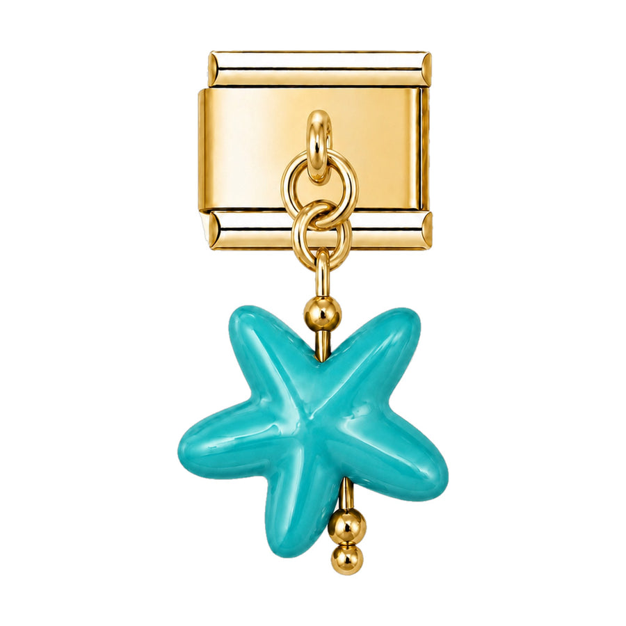 Pendentif étoile de mer en céramique émaillée turquoise suspendu sous un maillon doré, bracelet charm italien