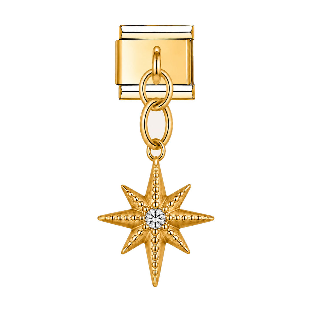 Pendentif étoile dorée à huit branches et zircon central suspendu sous un maillon, acier inoxydable, bracelet charm italien