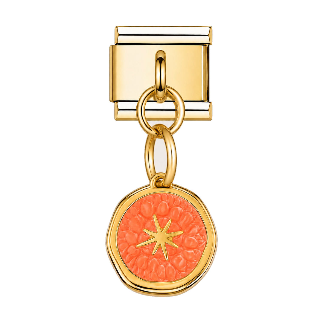 Pendentif médaillon étoile doré orange suspendu sous un maillon, acier inoxydable, bracelet charm italien