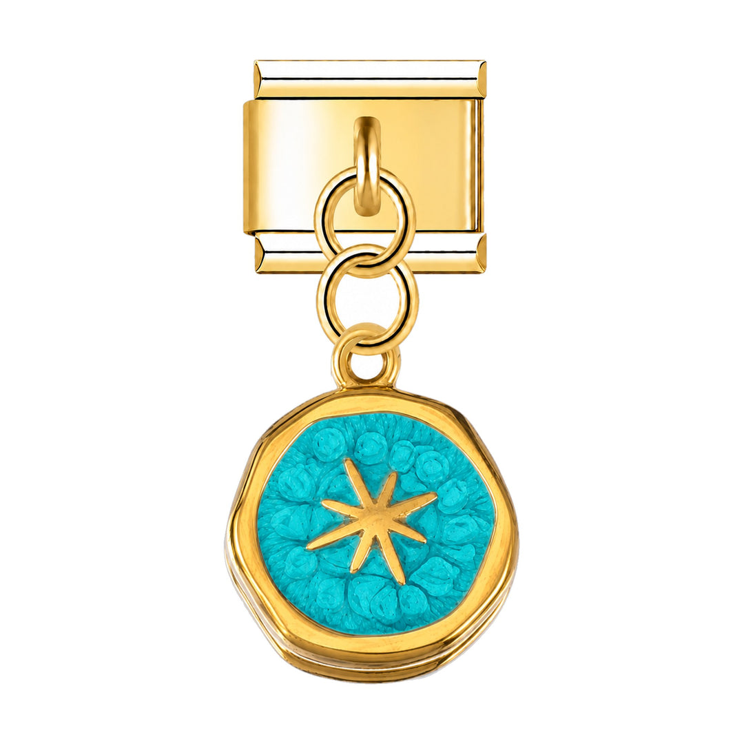 Pendentif médaillon étoile doré turquoise suspendu sous un maillon, acier inoxydable, bracelet charm italien