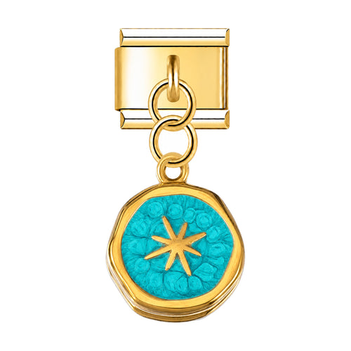 Pendentif médaillon étoile doré turquoise suspendu sous un maillon, acier inoxydable, bracelet charm italien