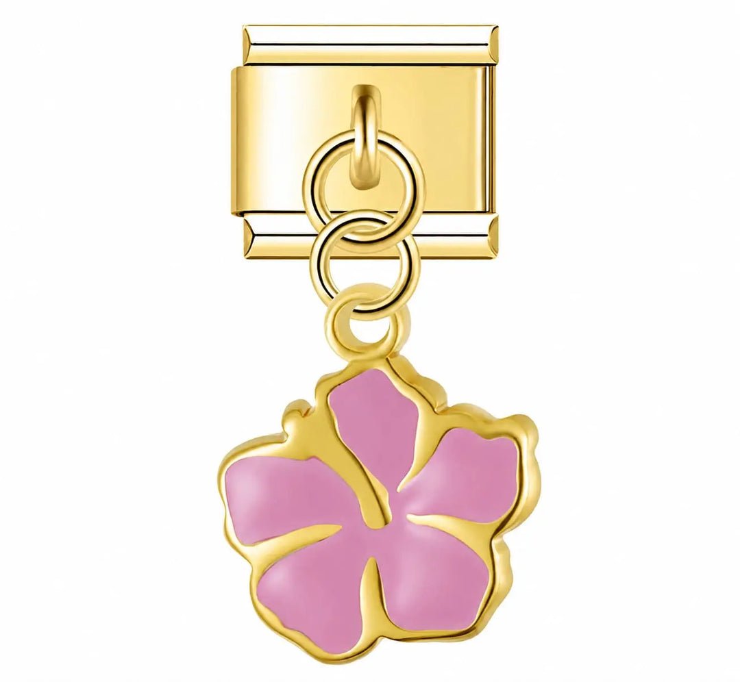 Charm pendentif hibiscus rose émail rose contour doré acier inoxydable bracelet charm italien