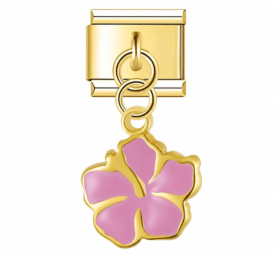 Charm pendentif hibiscus rose émail rose contour doré acier inoxydable bracelet charm italien