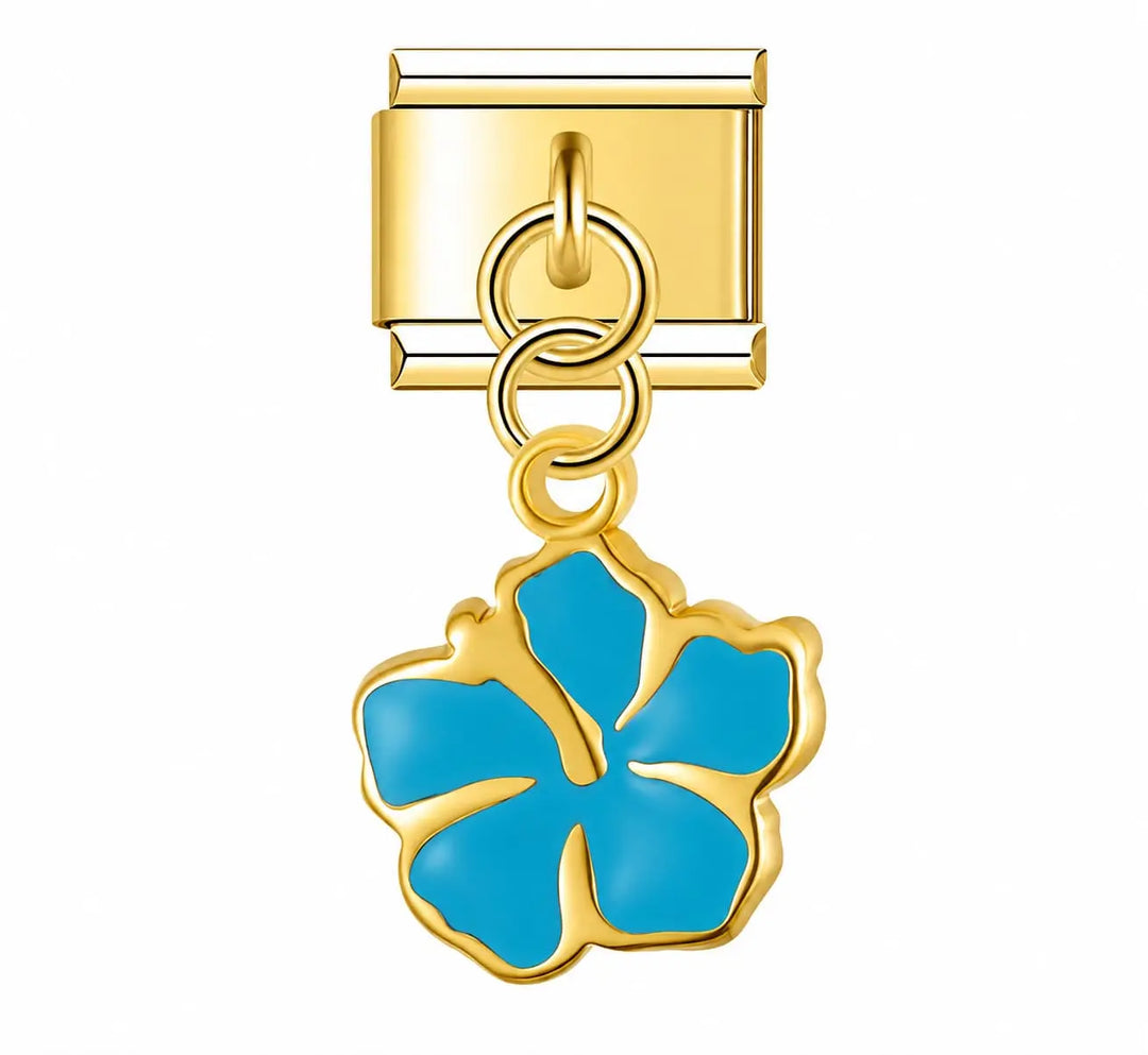 Charm pendentif hibiscus turquoise émaillé contour doré sur maillon acier inoxydable pour bracelet charm italien