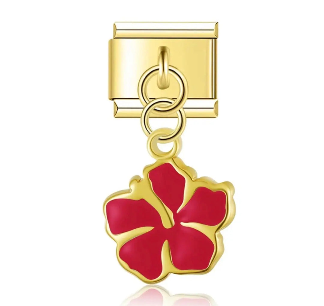 Charm pendentif fleur hibiscus rouge émail et contour doré en acier inoxydable, bracelet charm italien