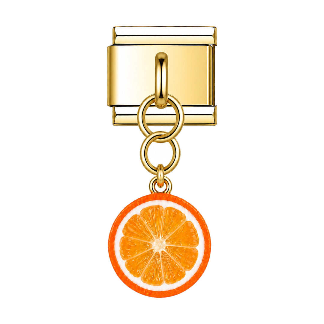 Pendentif zeste d'orange en céramique émaillée suspendu sous un maillon doré, bracelet charm italien
