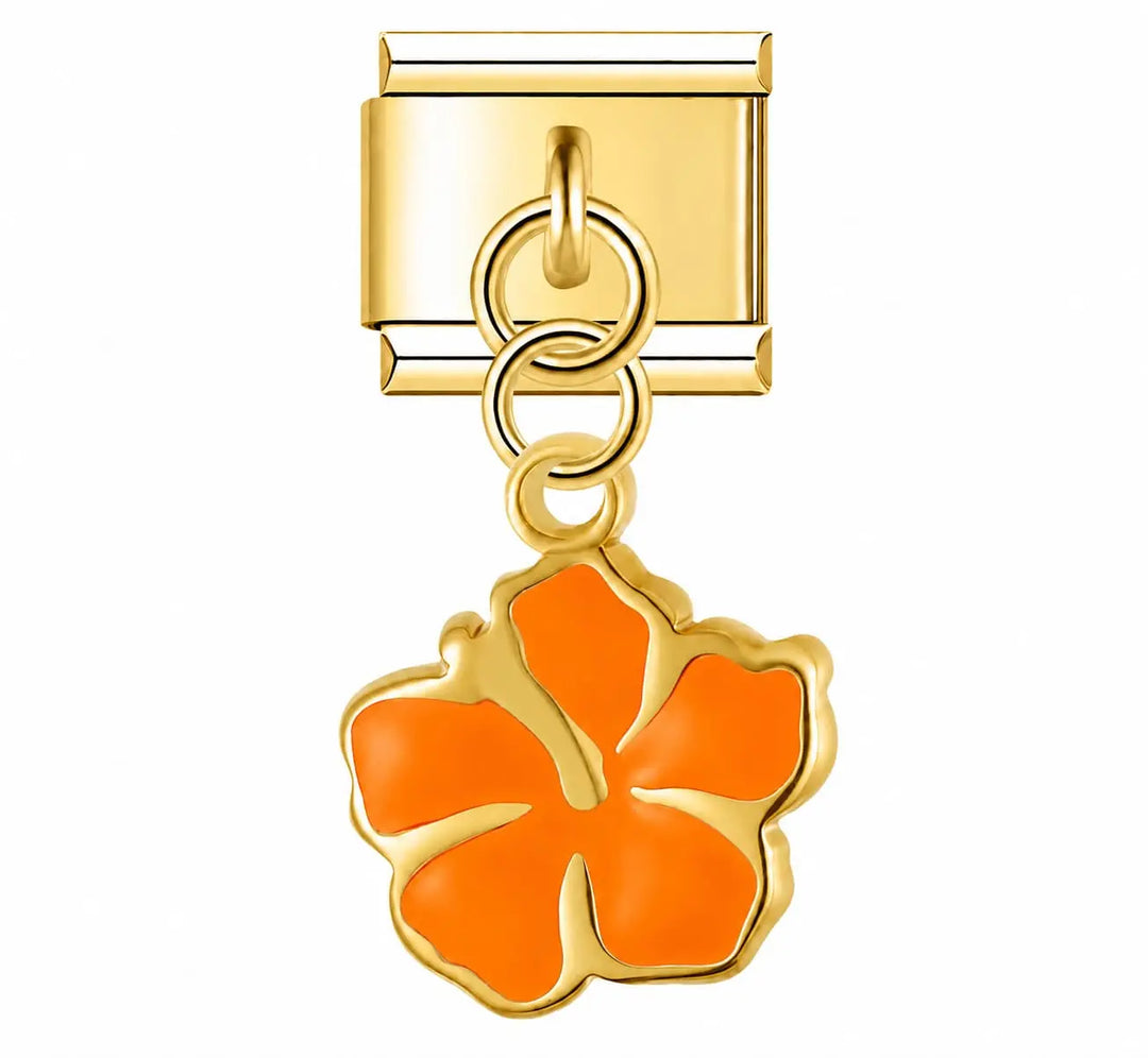 Charm pendentif fleur hibiscus orange émaillée contour doré en acier inoxydable pour bracelet charm italien