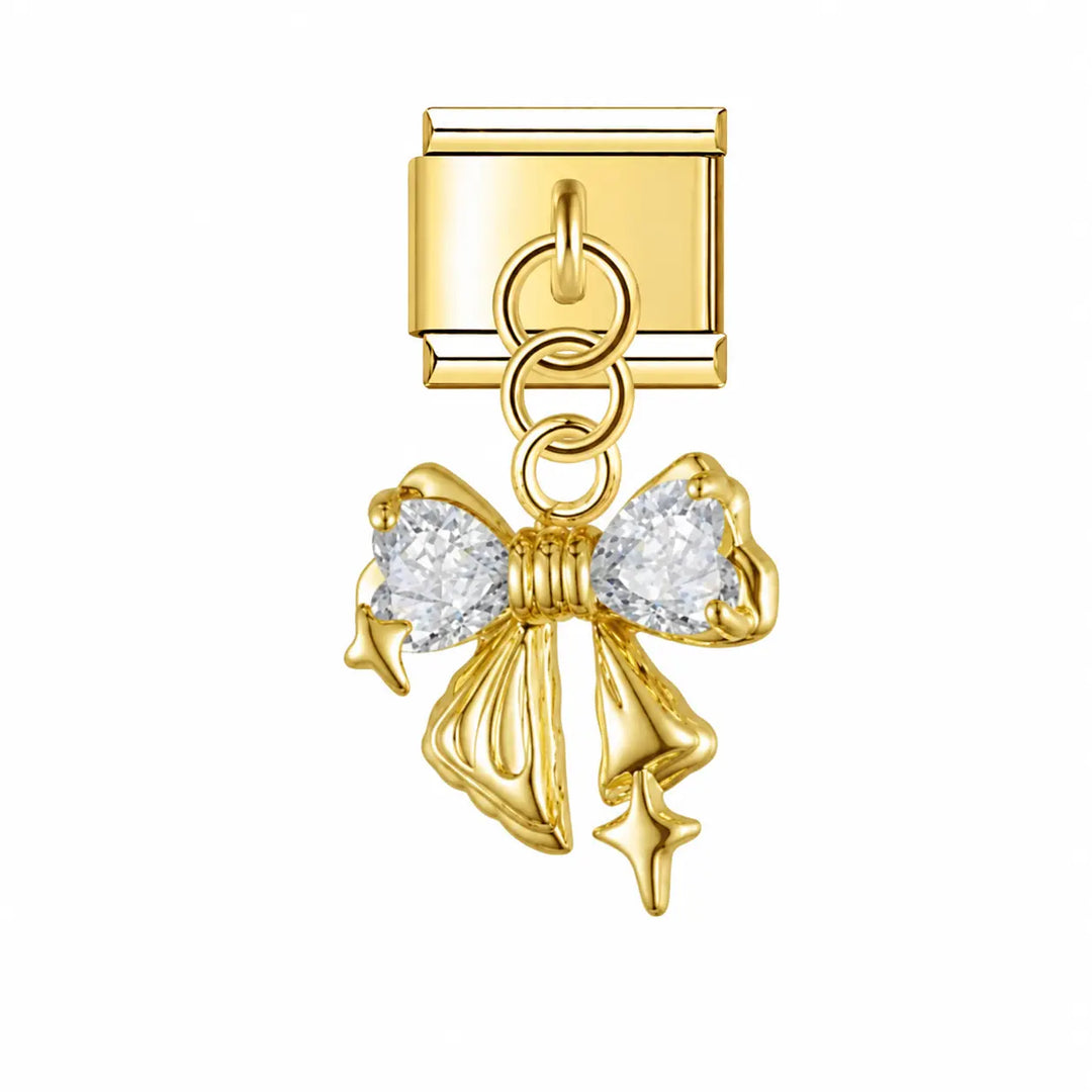 Charm pendentif noeud papillon doré avec cristaux blancs scintillants en acier inoxydable, bracelet charm italien