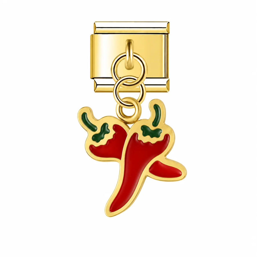 Deux piments rouges en émail sur maillon doré, pendentif en acier inoxydable, bracelet charm italien