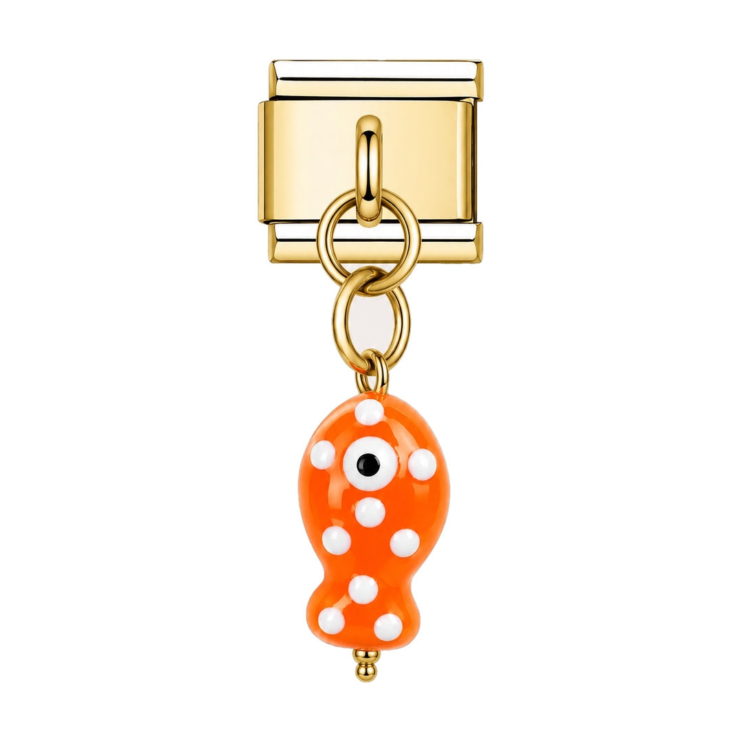 Pendentif poisson à pois en céramique émaillée orange suspendu sous un maillon doré, bracelet charm italien