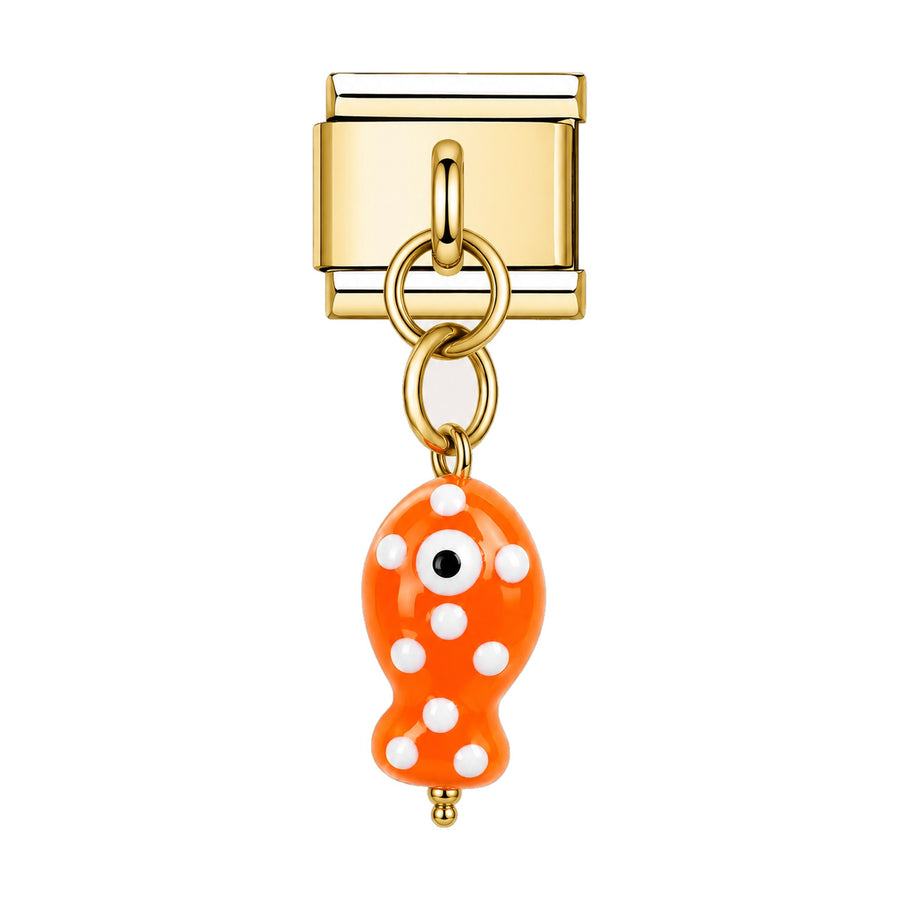 Pendentif poisson à pois en céramique émaillée orange suspendu sous un maillon doré, bracelet charm italien