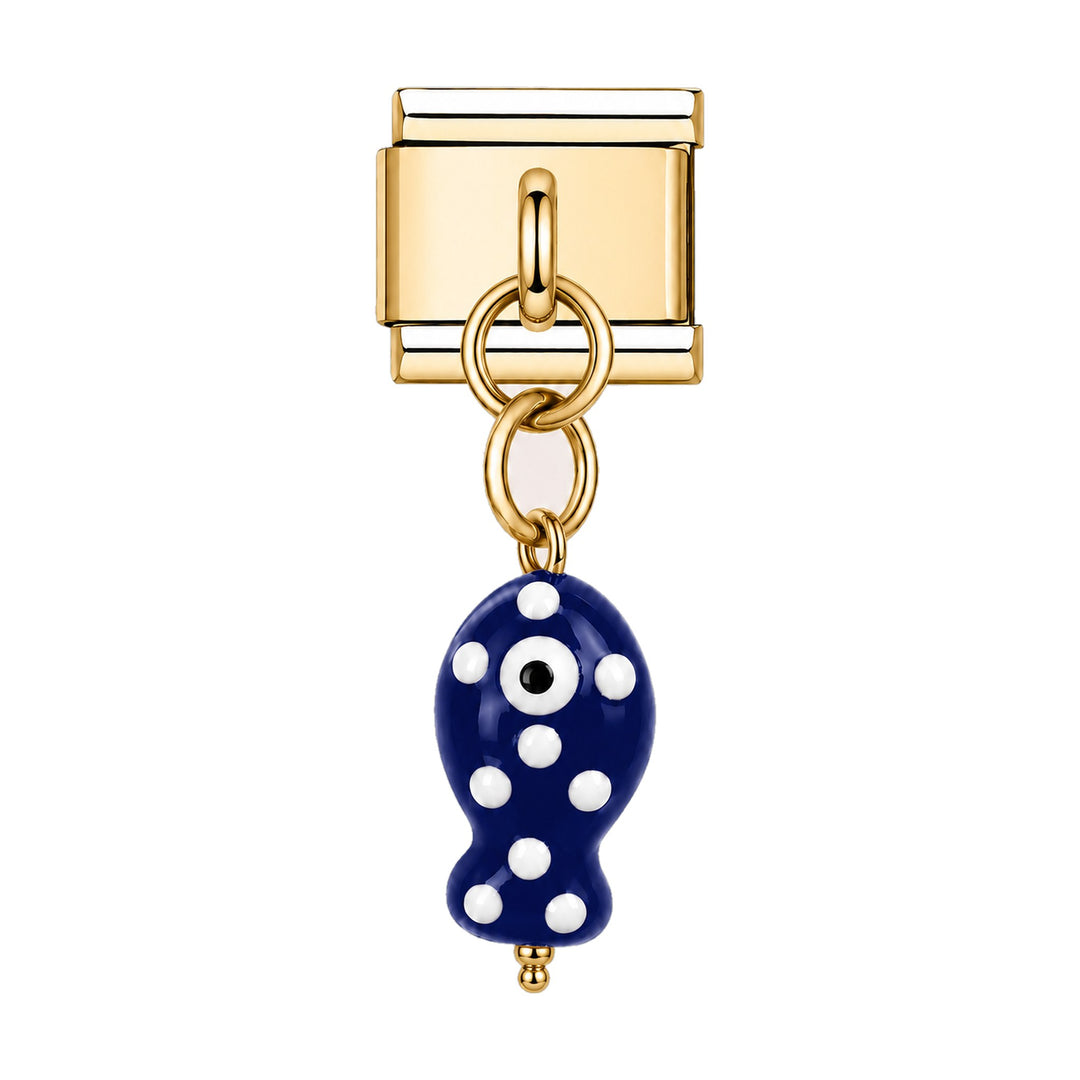 Pendentif poisson à pois en céramique émaillée bleu marine suspendu sous un maillon doré, bracelet charm italien