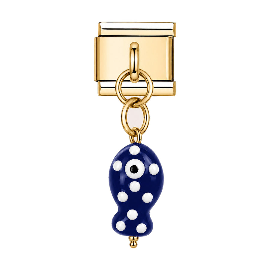 Pendentif poisson à pois en céramique émaillée bleu marine suspendu sous un maillon doré, bracelet charm italien