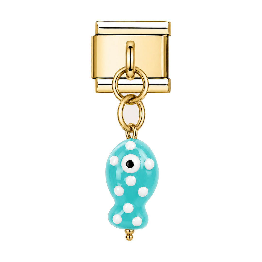 Pendentif poisson à pois en céramique émaillée turquoise suspendu sous un maillon doré, bracelet charm italien