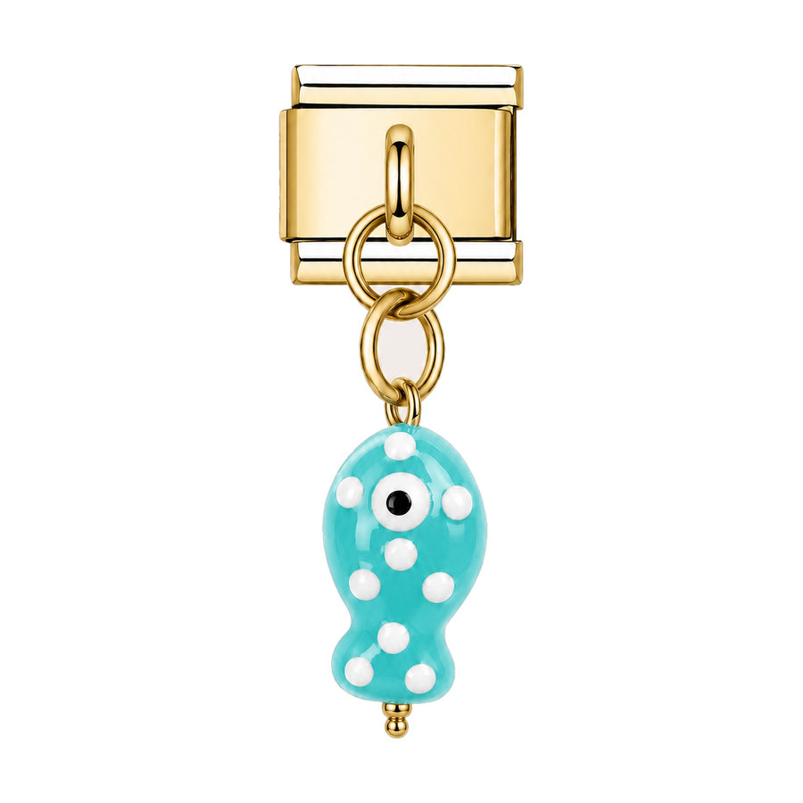 Pendentif poisson à pois en céramique émaillée turquoise suspendu sous un maillon doré, bracelet charm italien