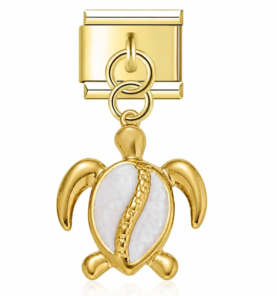 Charm pendentif tortue blanche émail nacré et acier inoxydable doré, bracelet charm italien