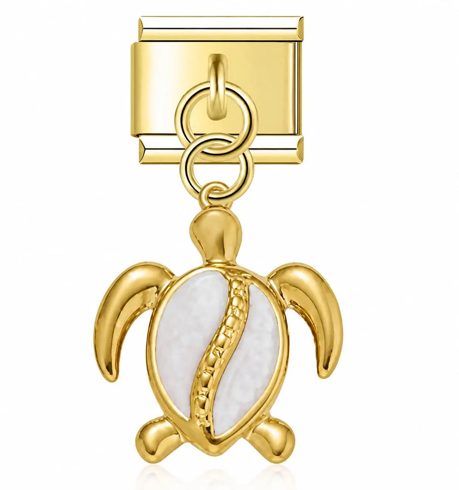 Charm pendentif tortue blanche émail nacré et acier inoxydable doré, bracelet charm italien