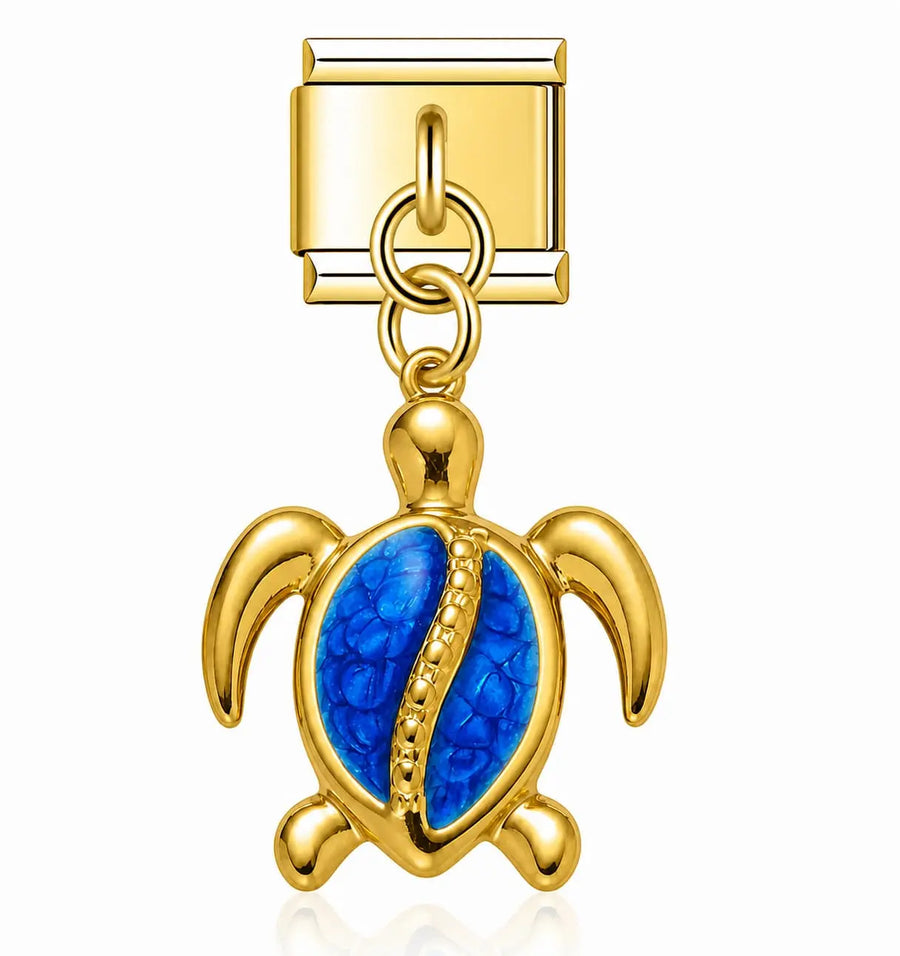 Charm pendentif tortue de mer dorée émail bleu, acier inoxydable, bracelet charm italien