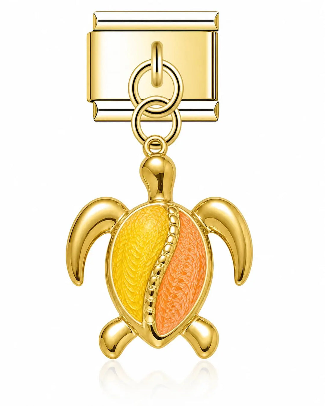 Charm pendentif tortue dorée carapace émaillée jaune et orange en acier inoxydable sur bracelet charm italien
