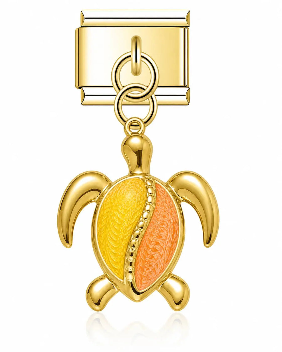 Charm pendentif tortue dorée carapace émaillée jaune et orange en acier inoxydable sur bracelet charm italien