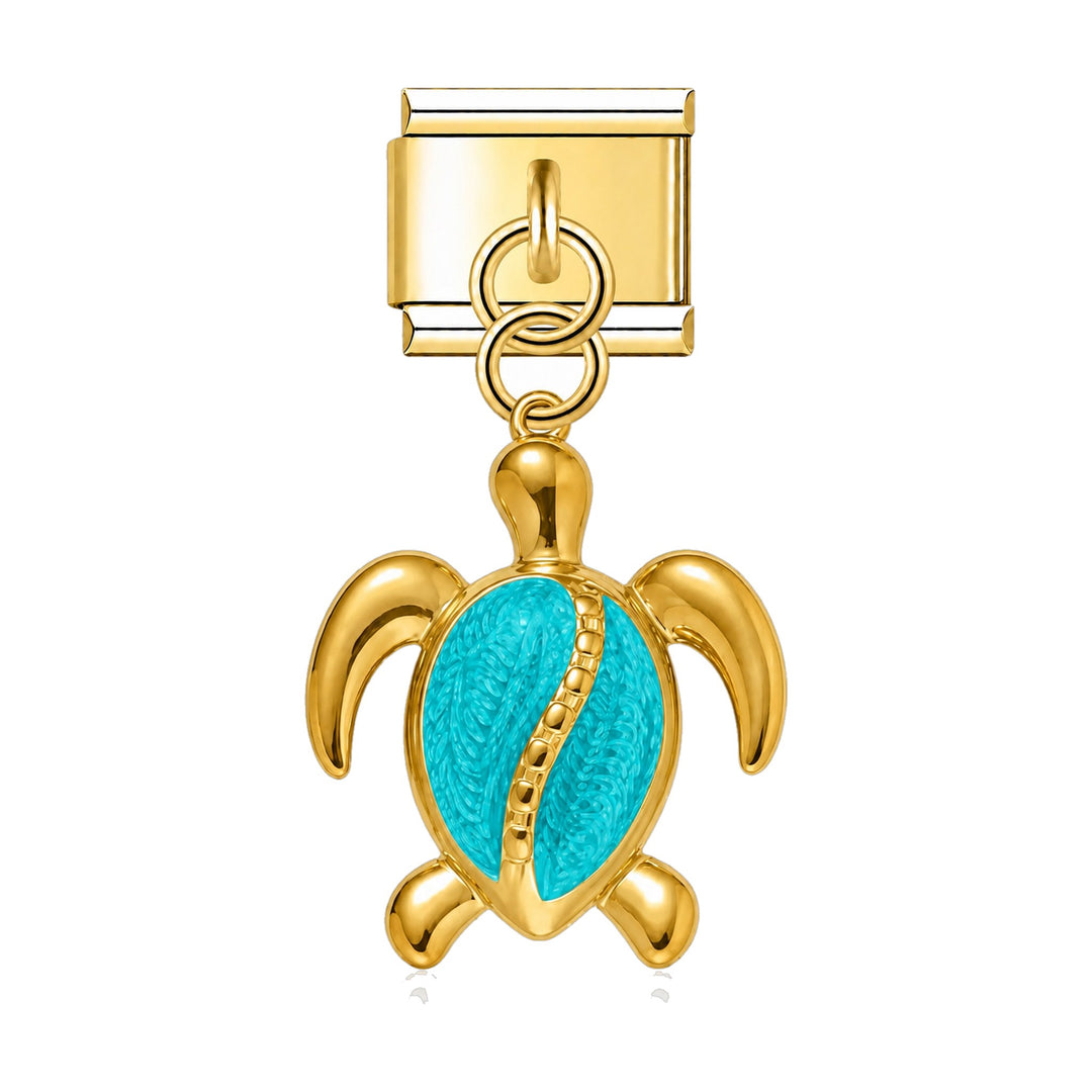 Pendentif tortue doré turquoise suspendu sous un maillon, acier inoxydable, bracelet charm italien