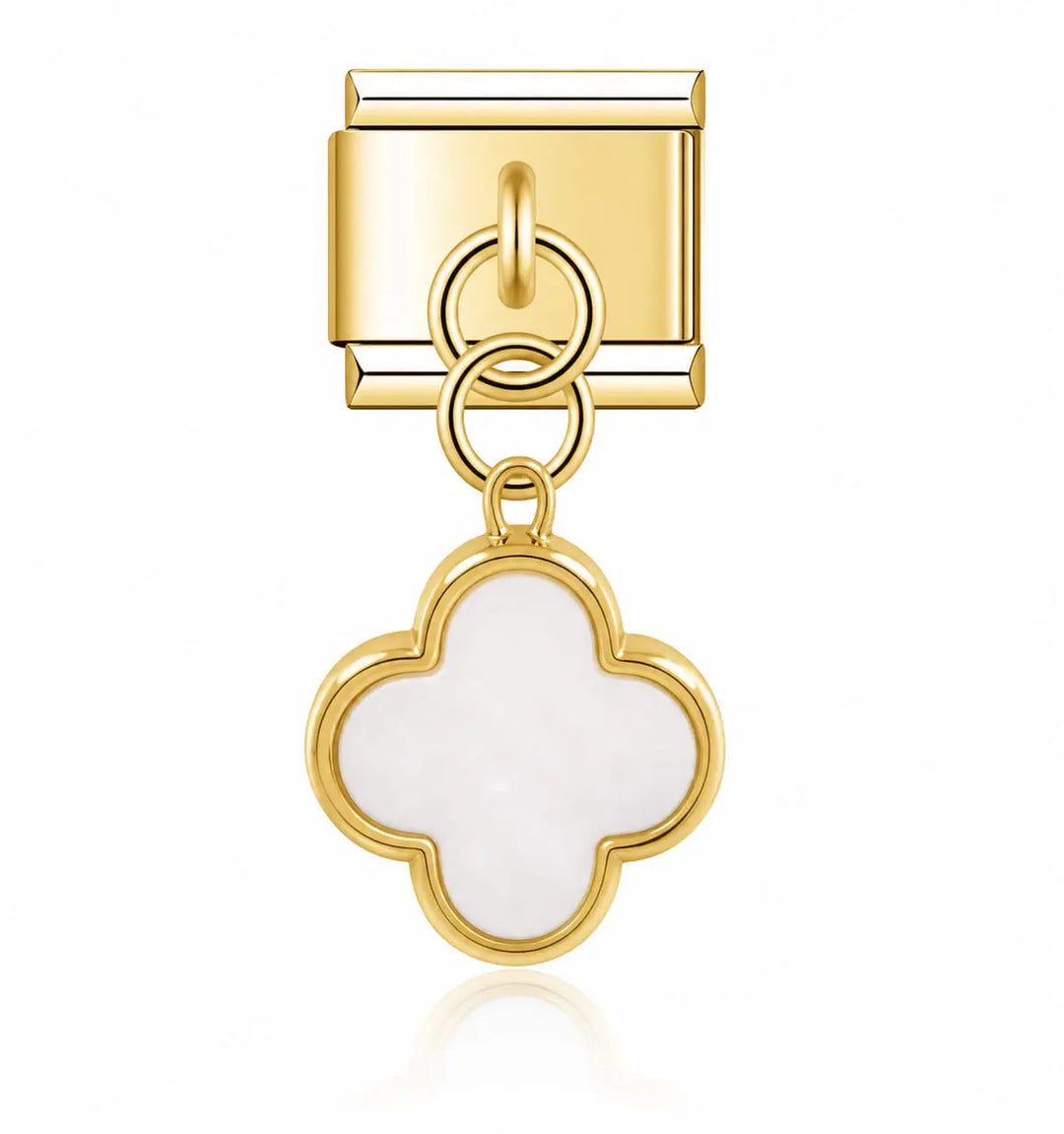 Charm pendentif trèfle quatre feuilles blanc mat contour doré, acier inoxydable, bracelet charm italien