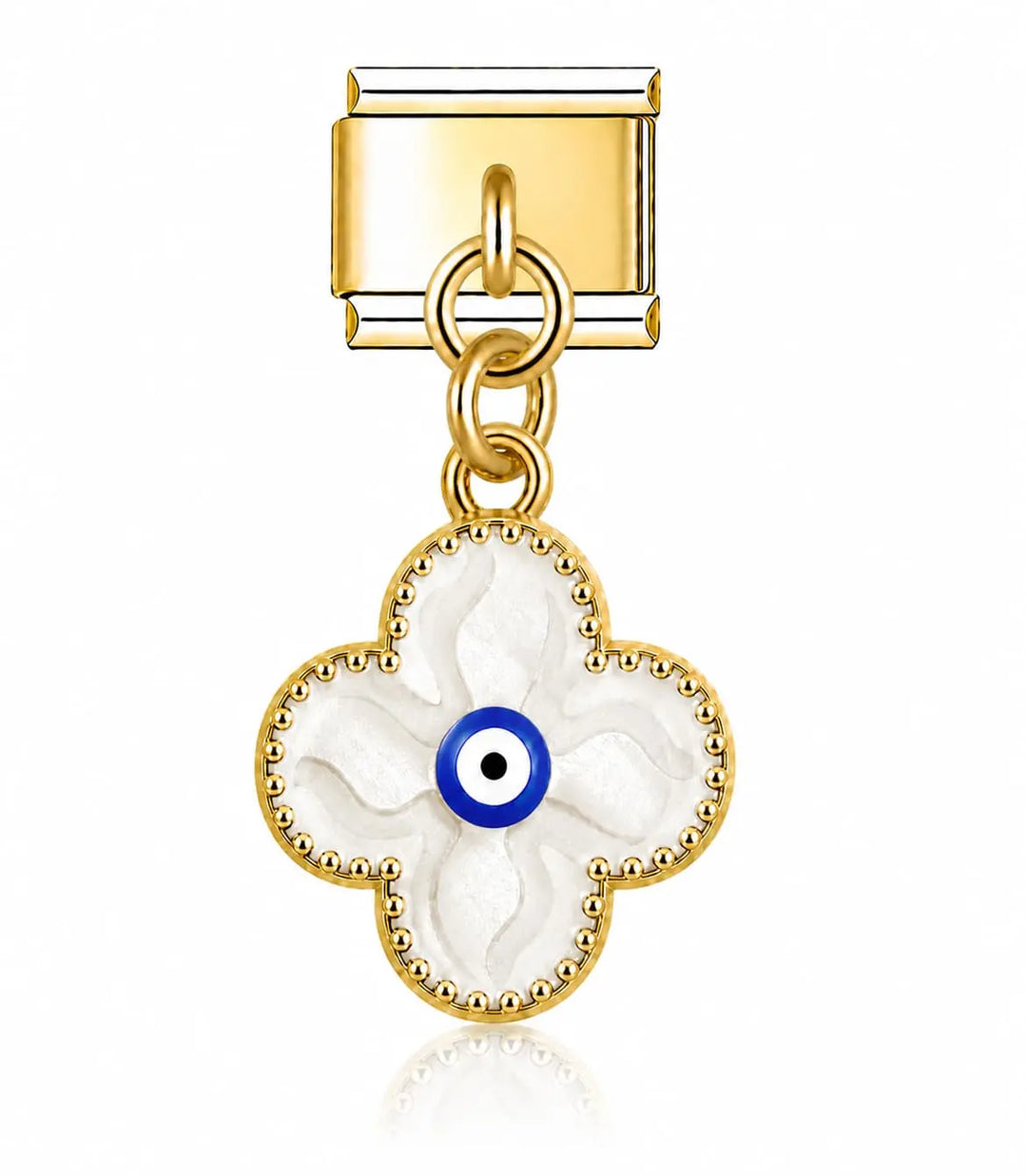 Charm pendentif trèfle blanc à quatre pétales avec œil grec bleu cobalt, bordure dorée perlée, acier inoxydable, bracelet charm italien
