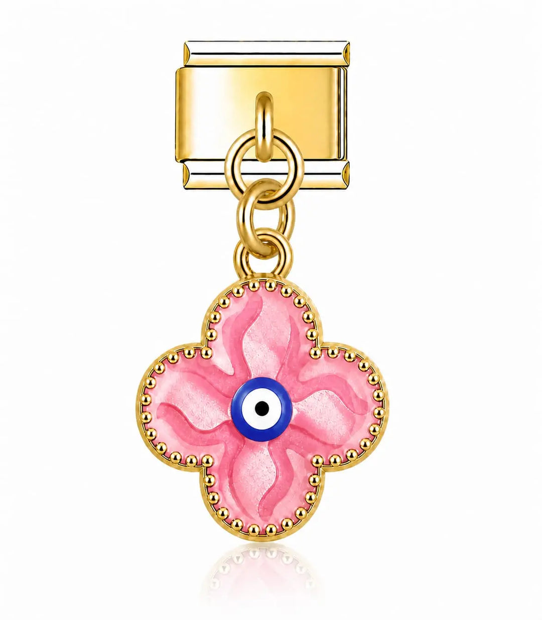 Charm pendentif trèfle rose à quatre pétales avec œil bleu nazar, bordure perlée dorée, acier inoxydable, bracelet charm italien